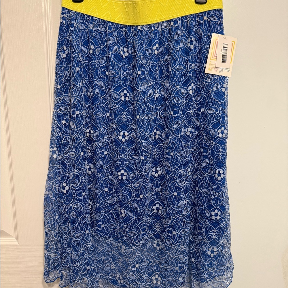 LuLaRoe Vibrant Blue Lace Midi Skirt with Yellow Waistband